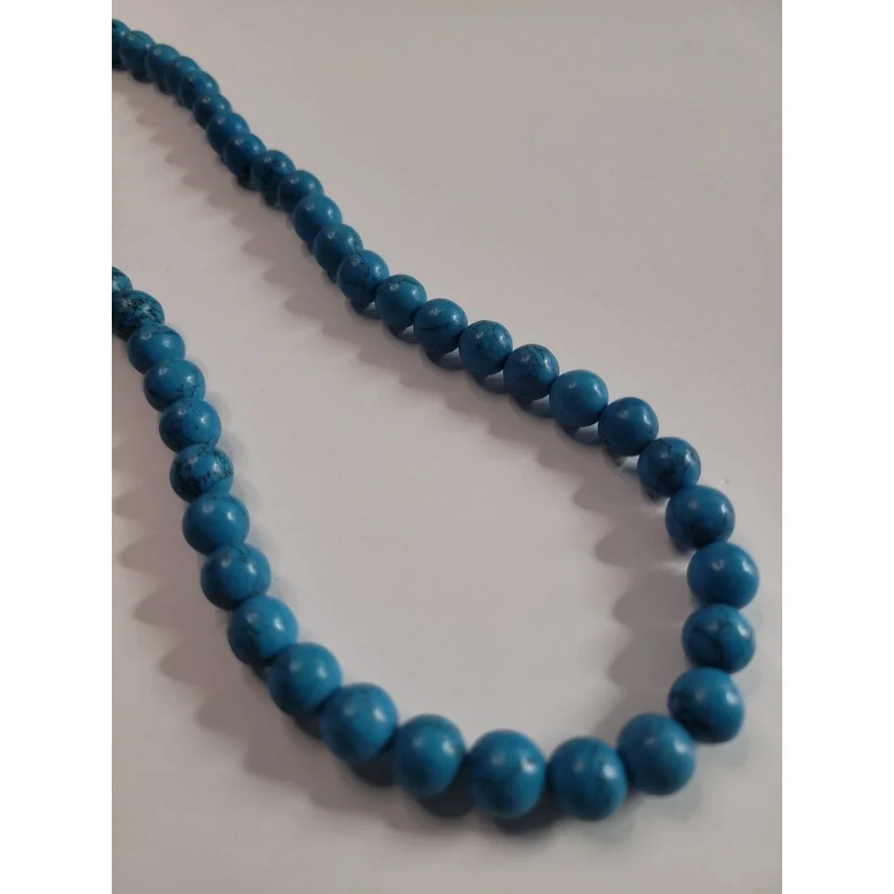 Blue Black Veined Round Bead Long Necklace Southwestern Boho Statement Jewelry